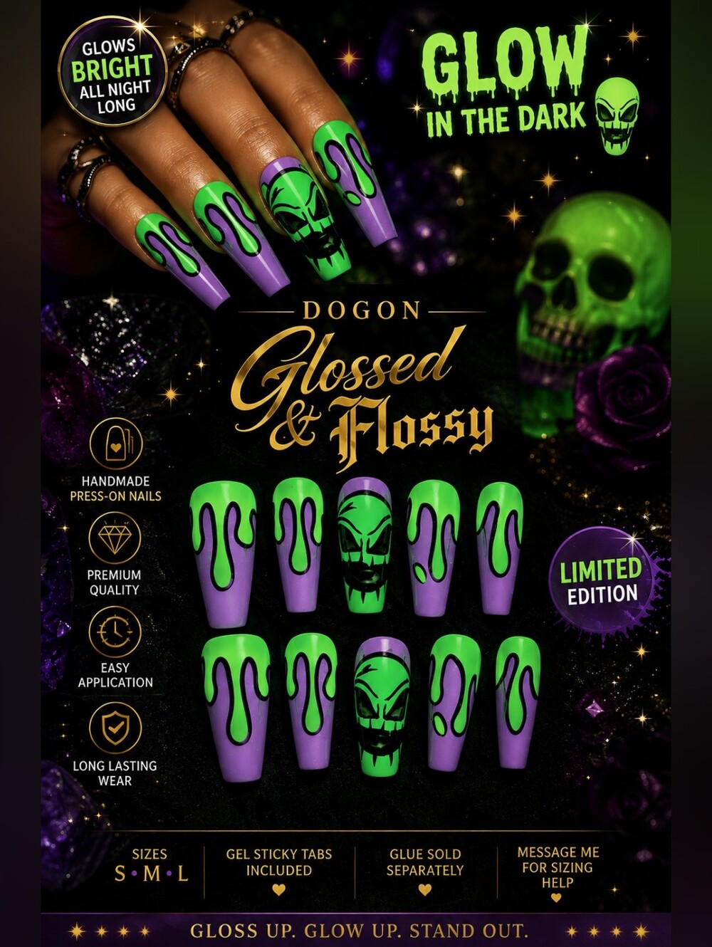 Glow in the Dark Oogie Boogie Press-On Nails | Purple & Neon Green | 3.0 Length